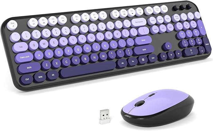 Wireless Keyboard Mouse Combo - Lovely Blackpurple-Gradient Rainbow Full-Sized Typewriter Colorful Keyboards, Round Keycap Plug Play Retro Cute Keyboards for Windows, Laptop, PC, Desktop, Computer