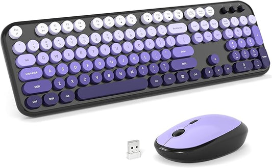 Wireless Keyboard Mouse Combo - Lovely Blackpurple-Gradient Rainbow Full-Sized Typewriter Colorful Keyboards, Round Keycap Plug Play Retro Cute Keyboards for Windows, Laptop, PC, Desktop, Computer