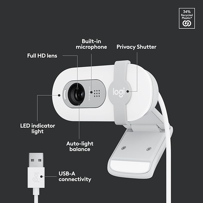 Logitech Brio 100 Full HD 1080p Webcam for Meetings, Streaming, Desktop, Laptop, PC - Built-in Mic, Shutter, Works with Zoom, Microsoft Teams, Nintendo Switch 2’s new GameChat Mode-Off -White