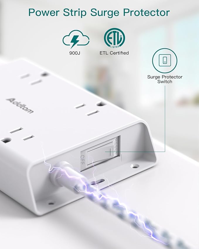 Surge Protector Power Strip 15 ft, Addtam Flat Plug Extension Cord with 4 USB Wall Charger(2 USB C Port), 4 Widely Outlets Desk Charging Station, Home Office and College Dorm Room Essentials