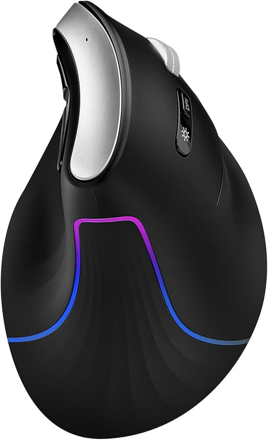 Wireless Ergonomic Vertical Mouse, Rechargeable Tri-Mode (Dual Bluetooth + 2.4G USB) Optical Mouse with Adjustable RGB Lighting, Multi-Device Control for Laptop, PC, Mac, iPad, Desktop (Black)
