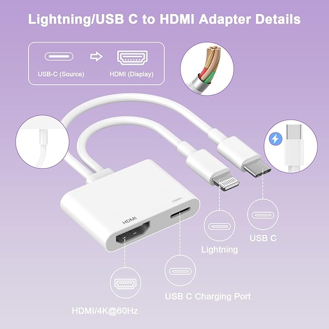 [Apple MFi Certified] Lightning and USB-C to HDMI Adapter for iPhone to TV, 2 in 1 4K@60Hz Lightning Type C Digital AV HDMI Adapter Cord for iPhone 17 16 15 14 13 12 11 XS XR X to TV/Projector/Monitor