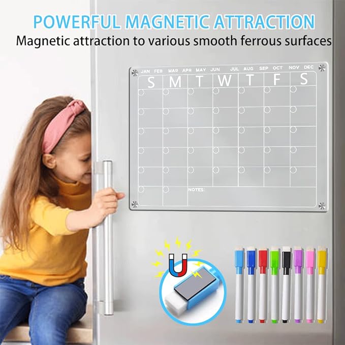 Magnetic whiteboard for Refrigerator，Dry Erase Calendar for Fridge，Calendar Board，Clear Monthly Planner with 8 Color Markers，16.5 * 11.7inch (Monthly)