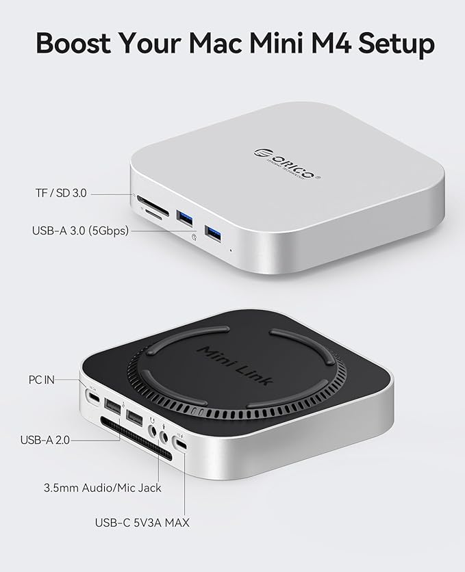 ORICO MiniLink Mac mini M4 Dock & Stand, Hub with 2 × USB 3.0 Ports (5Gbps), 2 × USB 2.0 Ports, SD/TF Card Readers (3.0), 3.5mm Headphone & Microphone Jacks, Compatible with Mac mini M4/M4 Pro (M48P)