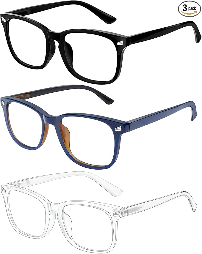Blue Light Glasses for Woman Men | 99% Blue Light Blocking Glasses | Computer Glassess | Gaming | TV Phone Screen Reader Square Frame | Anti Eyestrain & UV Glare,3 Pack
