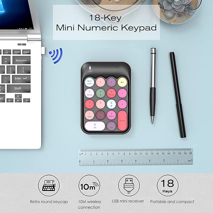 FELICON Wireless Numeric Keypad 18 Keys with 2.4G Mini Portable Silent Number Pad USB Receiver Financial Accounting Keyboard Extensions for Laptop Desktop PC Pro（Black Mix）