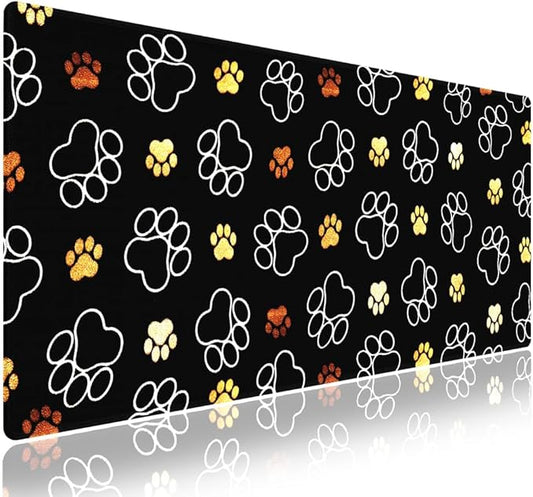 Extra Large Gaming & Office Mouse Pad (31.5" x 11.8") – Abstract Cute Dog Paw Prints Gold and White Design, Premium Anti-Slip XXL Desk Mat with Durable Stitched Edges