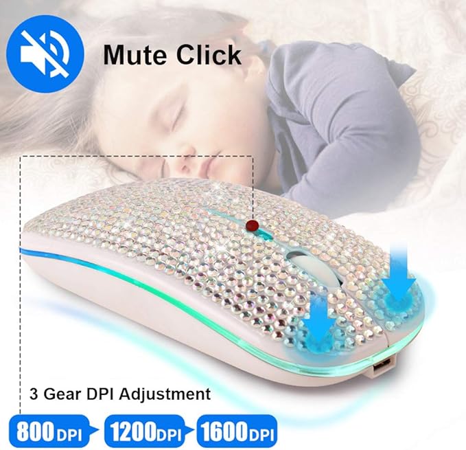 Bluetooth Mouse,Bling Dazzling 2.4GHz Rechargeable Wireless Mouse Slim Mouse with USB Receiver, Compatible with Notebook, PC, Laptop, Computer, MacBook,Great Present idea for Her (Pink)