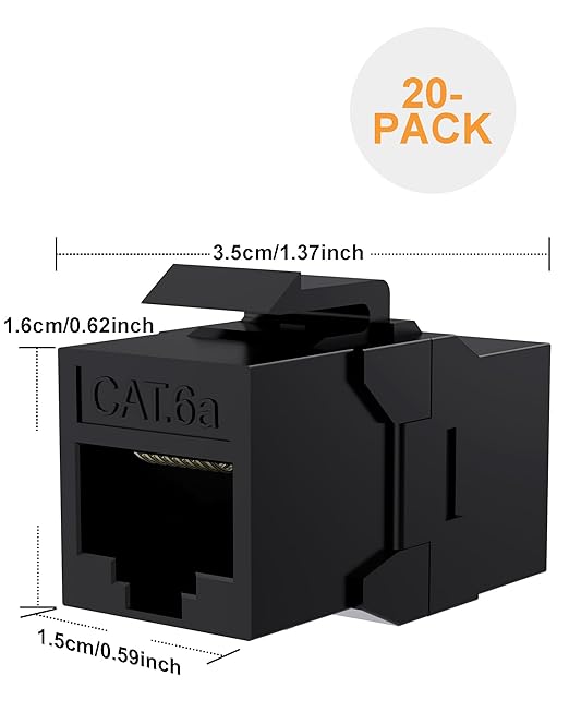 20 Pack CAT6A RJ45 Keystone Couplers, Ethernet Keystone Jack Female to Female RJ45 Couplers UTP for Cat6a/Cat6/Cat5e/Cat5 Network Cable Black