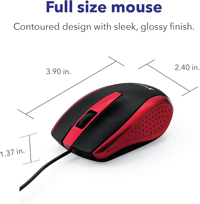 Verbatim 99742 Wired USB Computer Mouse - Corded USB Mouse for Laptops and PCs - Right or Left Hand Use, Red, 1.4" x 2.4" x 3.9"