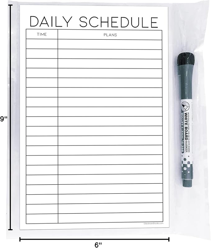 Dry Erase Daily Schedule Planner Sticker Decal by Glassboard Studio | Removable & Reusable | Magnetic Fine-Tip Marker Included (6 x 9 inches, White)