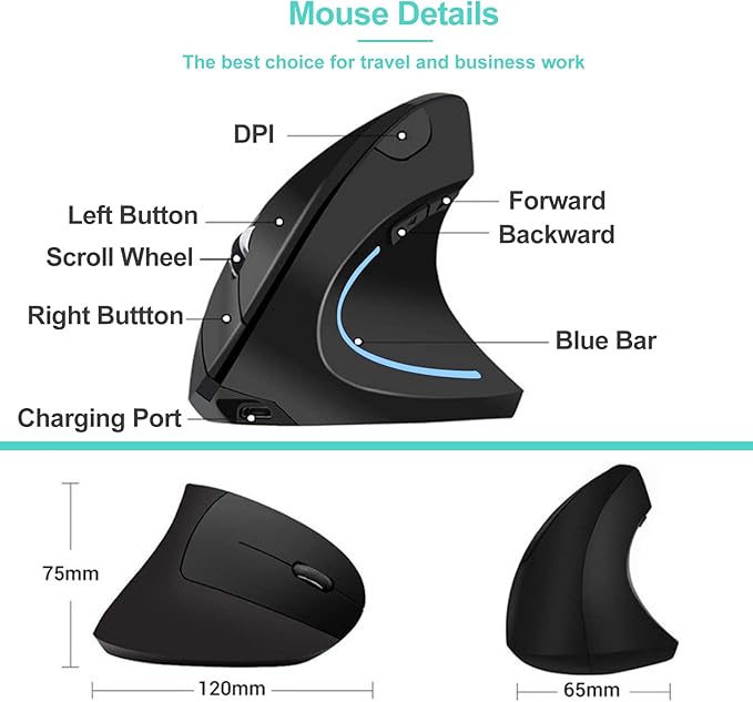 Ergonomic Mouse Wireless Bluetooth Vertical Mouse Three-mode Connection:BT5.0+USB A+USB C- Rechargeable,Ergonomic,6 Buttons,1600 DPI,2.4G Optical-Compatible with Mac ipad Tablet Laptop PC Computer