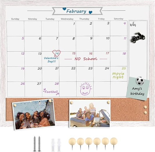 Dry Erase Calendar Whiteboard for Wall, Combination Magnetic Dry Erase White Board & Bulletin Board, 23.6" x 31.5" Wood Framed Calendar/Cork Combo Board (WH-6080)