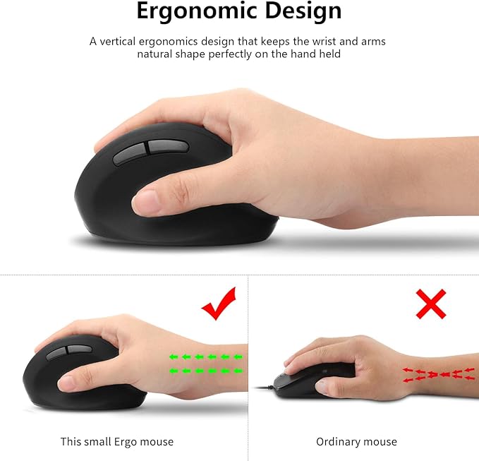 YOCUNKER USB Rechargeable Vertical Mouse 2.4GHz Wireless M Size for Small Hands, Ergonomic Optical Low Noise 6 Buttons, Reduce Wrist Strain, for MacBook/PC/Laptop/Desktop/Windows,Black