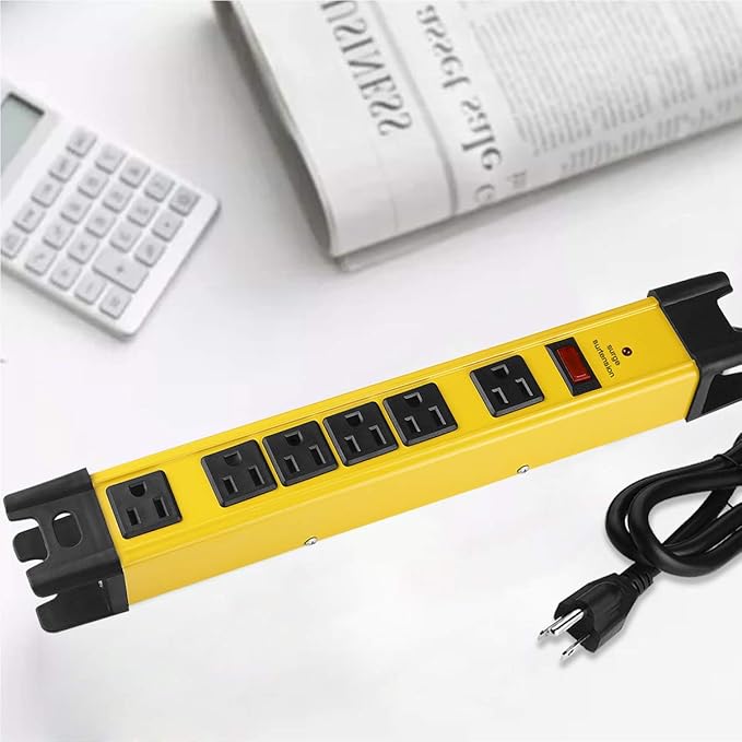 CCCEI Heavy Duty Power Strip Surge Protector - 6 Outlet Industrial Strip with 15A, 1200 Joules - ETL Listed Metal for Shop, Workshop, Garden (4FT, Yellow)
