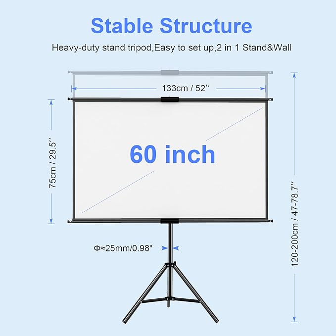 60" Projector Screen Tripod Stand,Projection Screen with Black Backing,16:9 HD Premium Wrinkle-Free Tripod Stand Movie Screen for Movie Night Home Theater Business Presentation with Storage Bag
