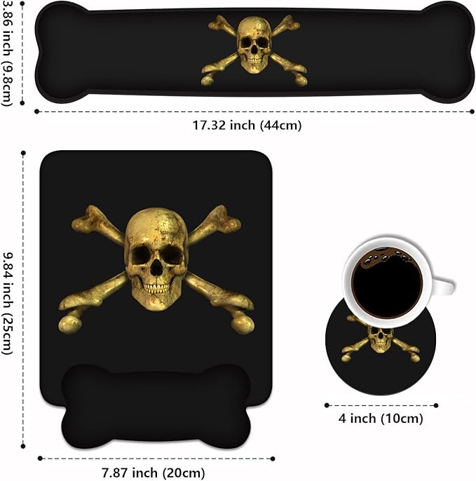 Wrist Rest Support Ergonomic Gel Mouse Pad & Memory Foam Keyboard Set, Non-Slip Rubber PU Base for Home Office Working Studying Easy Typing & Pain Relief, Skull