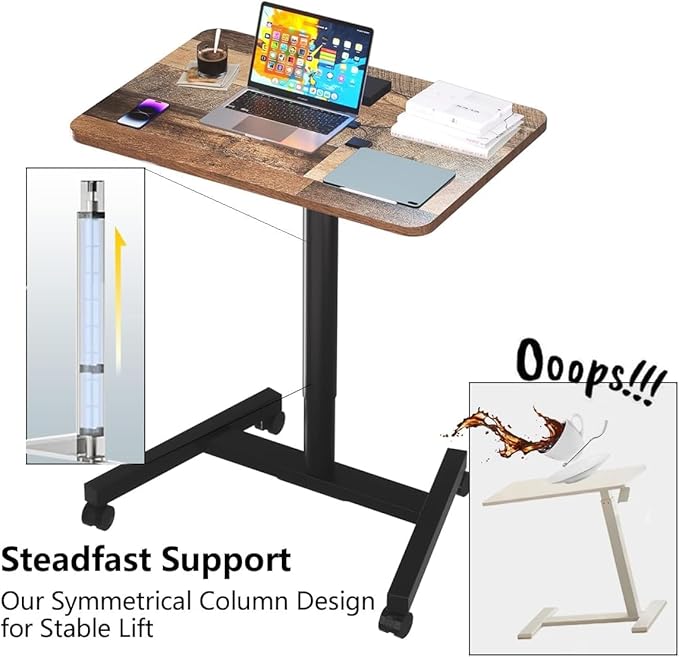 28-Inch Mobile Standing Desk Adjustable Height, Portable Standing Desk with Lockable Wheels, Rolling Table for Home Office Classroom Hospital (Rustic Brown, Aluminum Pro)