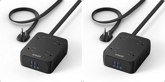 Anker Surge Protector Flat Plug Power Strip 2000J, 10ft Thin Extension Cord, 8 Outlets,2 USB A and 1 USB C Port,20W for iPhone15,Wall Mount,Compact for Home,Office,Room,TUV Listed (Pack of 2)