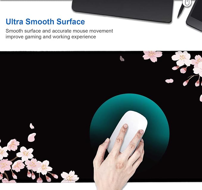 IMAYONDIA Sakura Japanese Desk Mat, Cherry Blossom Large Gaming Mouse Pad, Black Elegant Floral Mousepad for Women, Minimalistic Flower Aesthetic Desk Pad for Work, Game, Office, 31.5x11.8