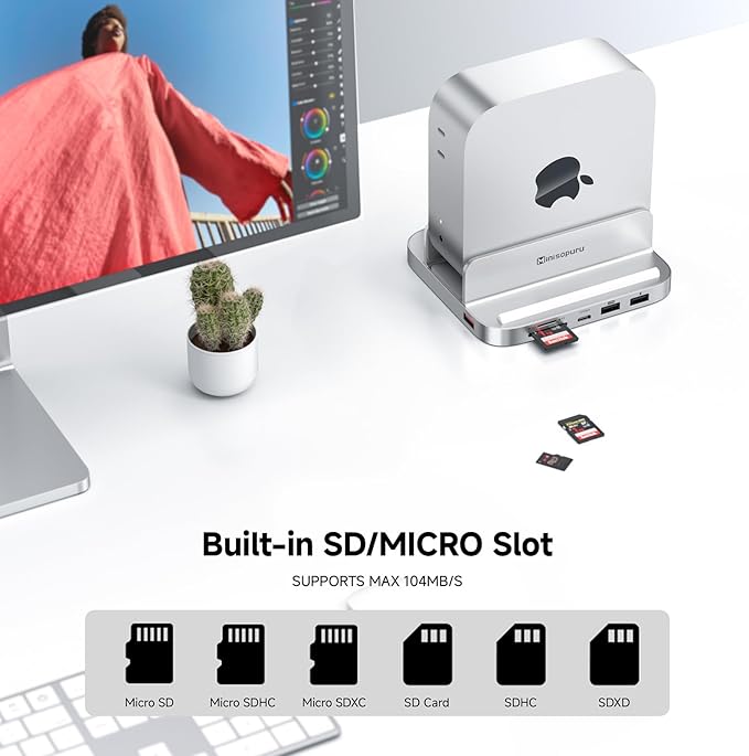 Minisopuru MINI218B PRO Mac mini M4 Dock with 8TB M.2 NVMe SSD Enclosure,10Gbps USB C/A Mac mini M4 Accessories, 8 in 1 All Aluminum Vertical Stand USB C Hub for Mac mini M4/M4 Pro 2024