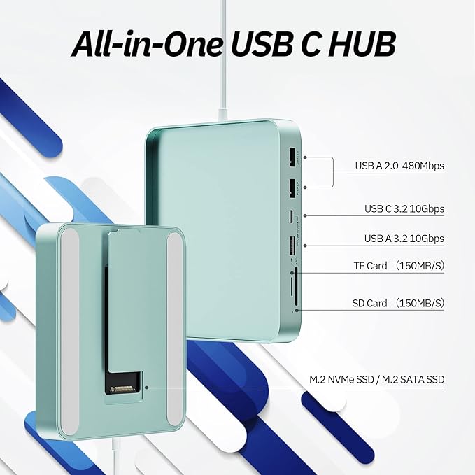 USB C Hub for iMac 24 inch 2021/2023/2024, Minisopuru iMac Hub Support M.2 NVMe SSD, iMac Accessories for iMac M1/M3/M4, iMac Adapter with USB A/C 10Gbps, SD/TF, M.2 SSD (Not Included), Green