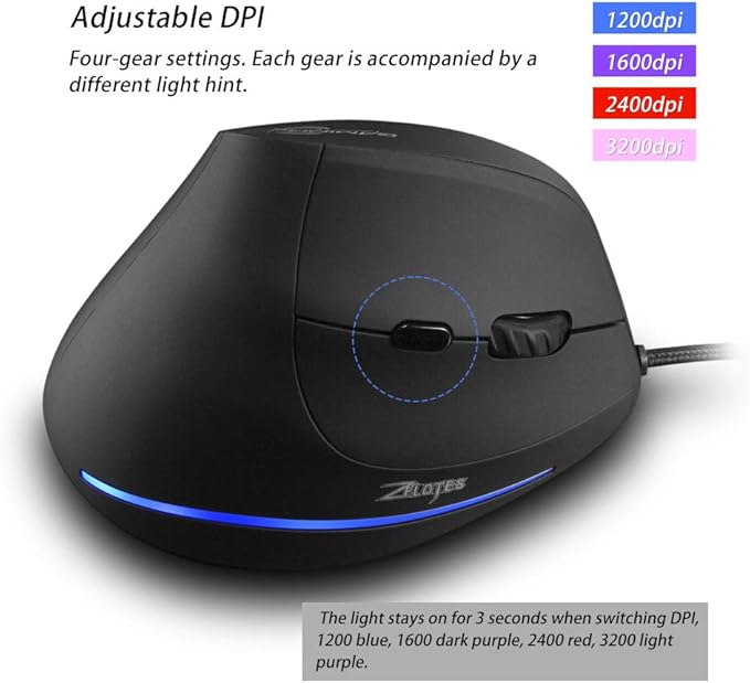 Zelotes T20 Ergonomic Vertical Mouse, 3200 DPI 6 Buttons LED Optical USB Wired Gaming Mouse for Gamer, Notebook, PC, Mac, Desktop, Laptop (Black)