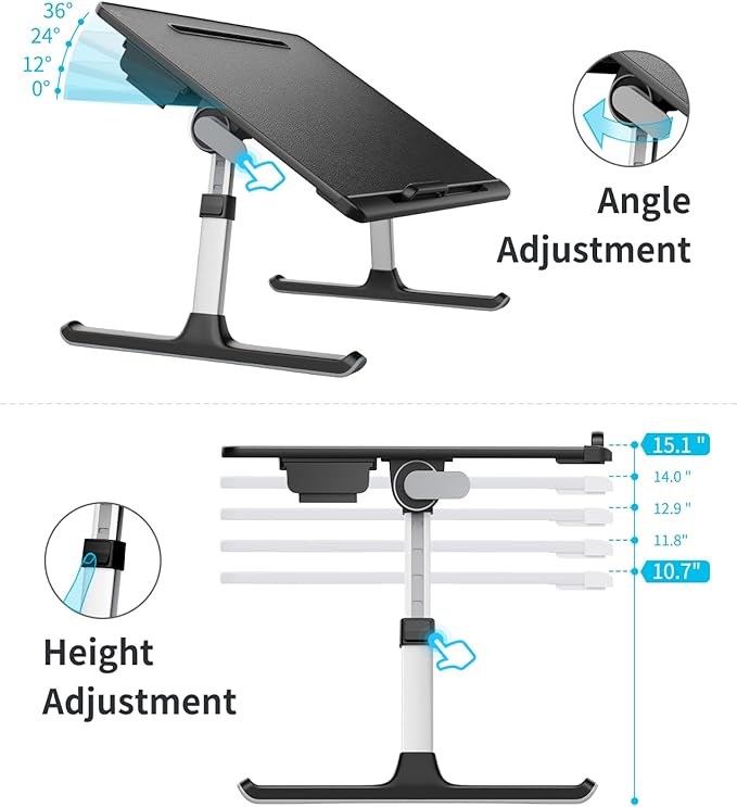 Laptop Bed Tray Desk, SAIJI X-Large Adjustable Laptop Table, Foldable Laptop Desk with Storage Drawer and Bookstand for Eating, Working, Writing, Gaming, Drawing (Black)