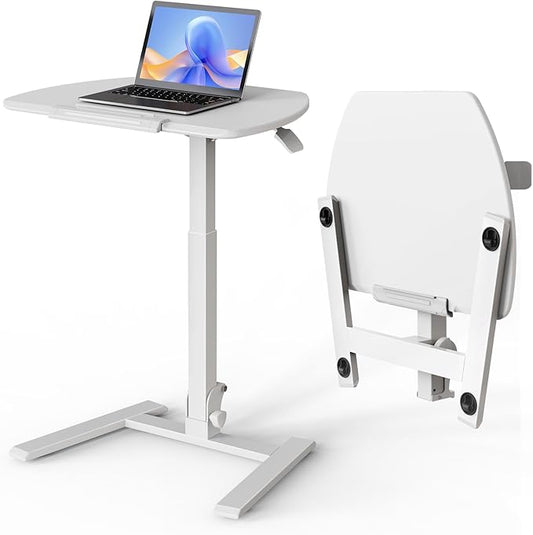 ROMOON Folding Small Standing Desk with Wheels, No-Assembly Portable Sit-Stand Laptop Cart, Adjustable Height Rolling Space Saving Workstation for Home Office, Small Space (White)