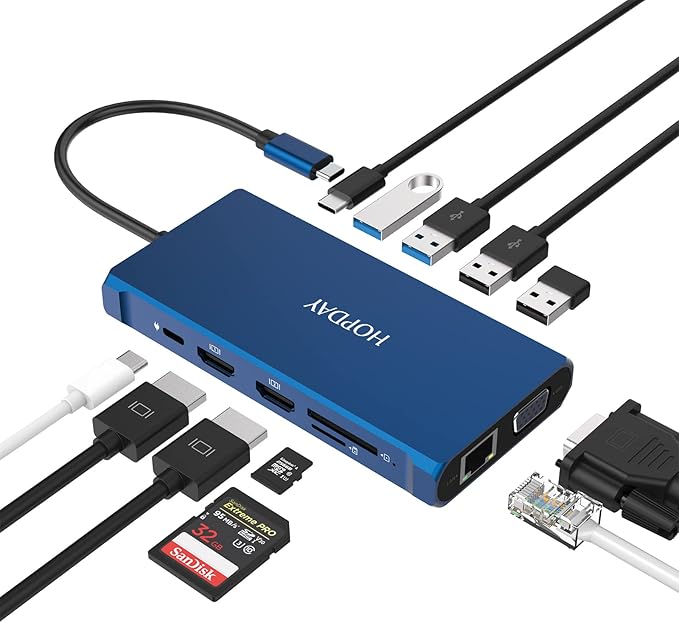Laptop Docking Station HOPDAY 12 in 1 Triple Display Thunderbolt 3 USB C Hub Dual HDMI Multiport Adapter with VGA+Ethernet+100W PD + USB-C+4 USB+SD/TF Dock for Dell/HP/Lenovo/MacBook Pro