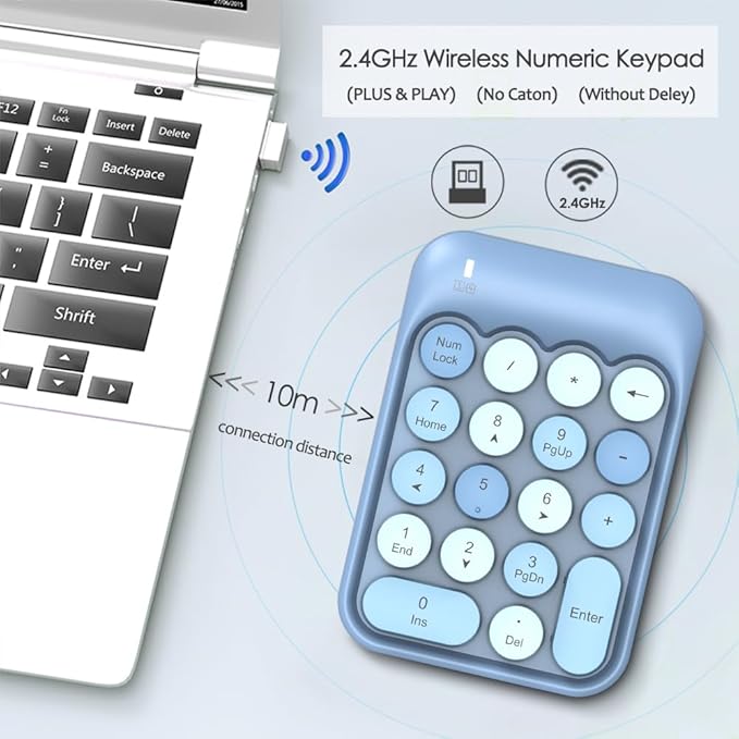 FELICON Wireless Numeric Keypad 18 Keys with 2.4G Mini Portable Silent Number Pad USB Receiver Financial Accounting Keyboard Extensions for Laptop Desktop PC Pro（Blue Mix）