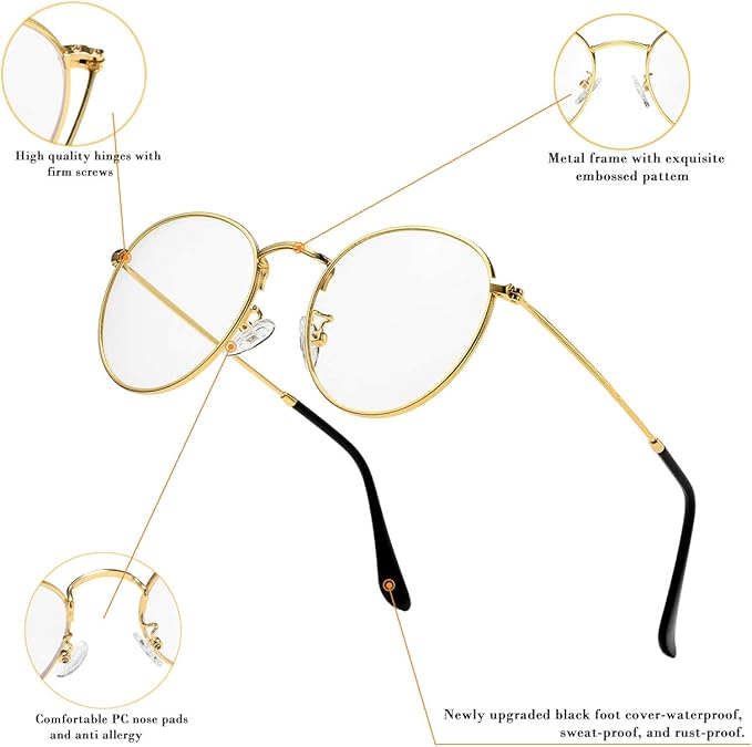 HJSTES Round Blue Light Glasses for Women Men Retro Circle Clear Lens Metal Frame Eyeglasses