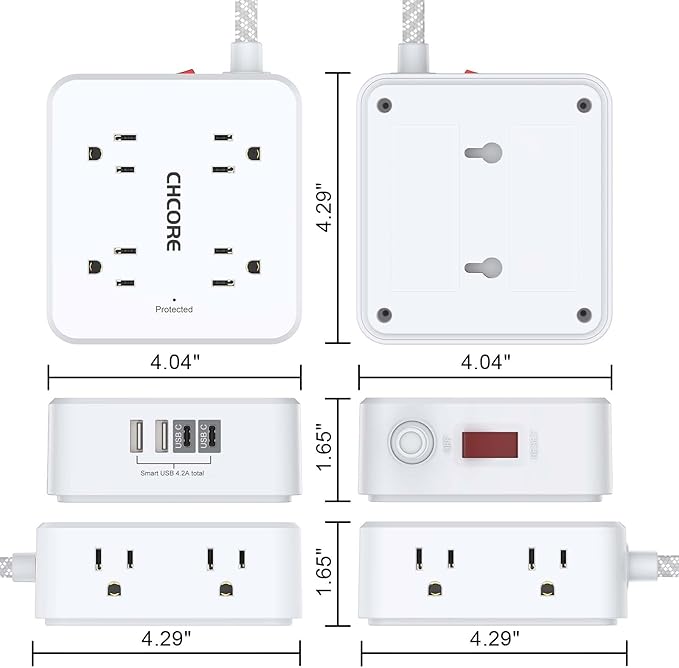 Surge Protector Power Strip - CHCORE 5Ft Braided Extension Cord with 8 Outlets with 4 USB (2 USB C) Charging Ports, Flat Plug Multi Plug Outlet Extender Charging Station for Home Office, ETL, White