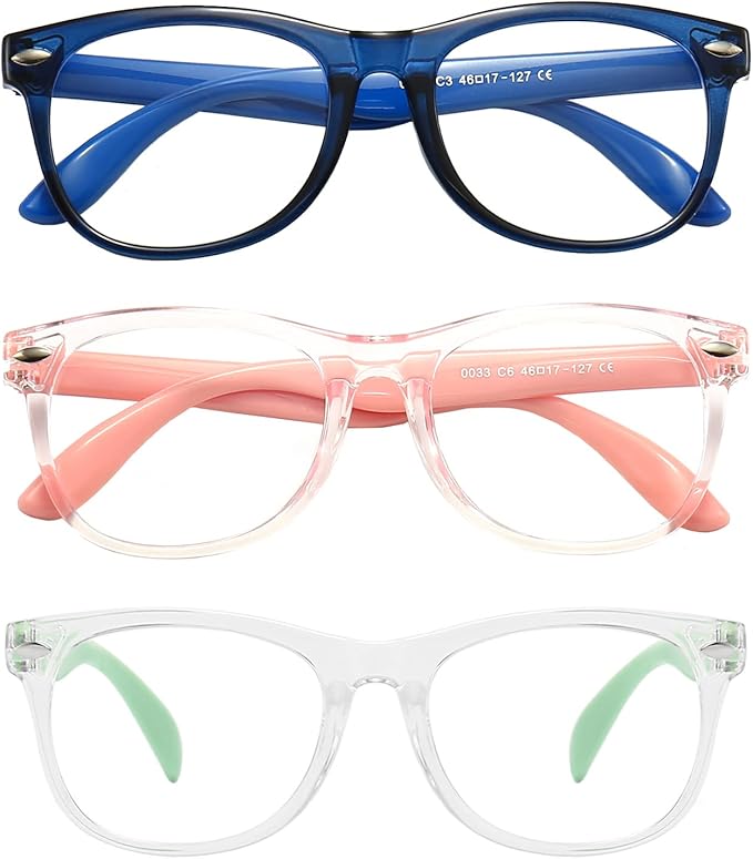 3 Pack kids Blue Light Blocking Glasses For Girls And Boys Computer Blue Light Blocking Glasses For Age 3-9 (Dark blue + Light pink +Light green)