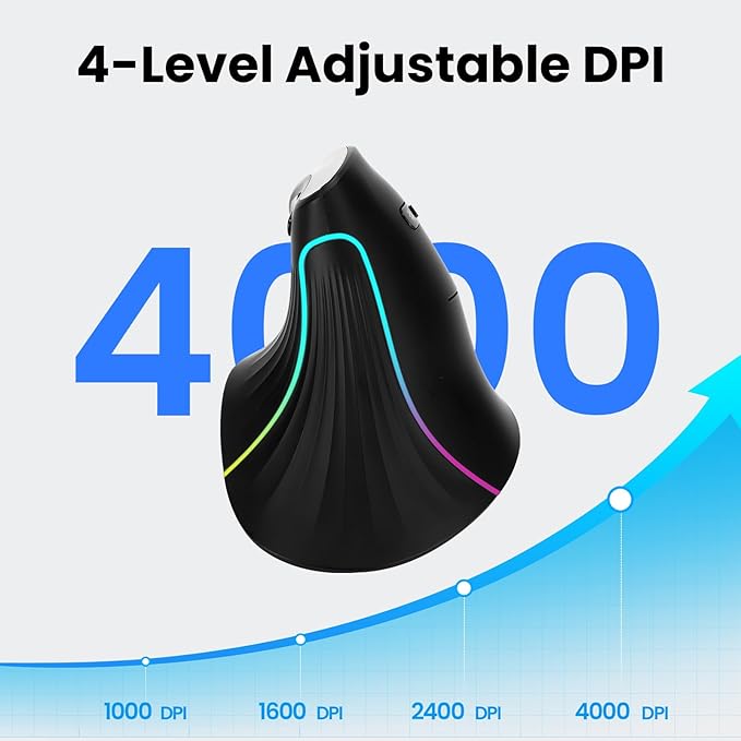 Wireless Ergonomic Vertical Mouse, Rechargeable Tri-Mode (Dual Bluetooth + 2.4G USB) Optical Mouse with Adjustable RGB Lighting, Multi-Device Control for Laptop, PC, Mac, iPad, Desktop (Black)