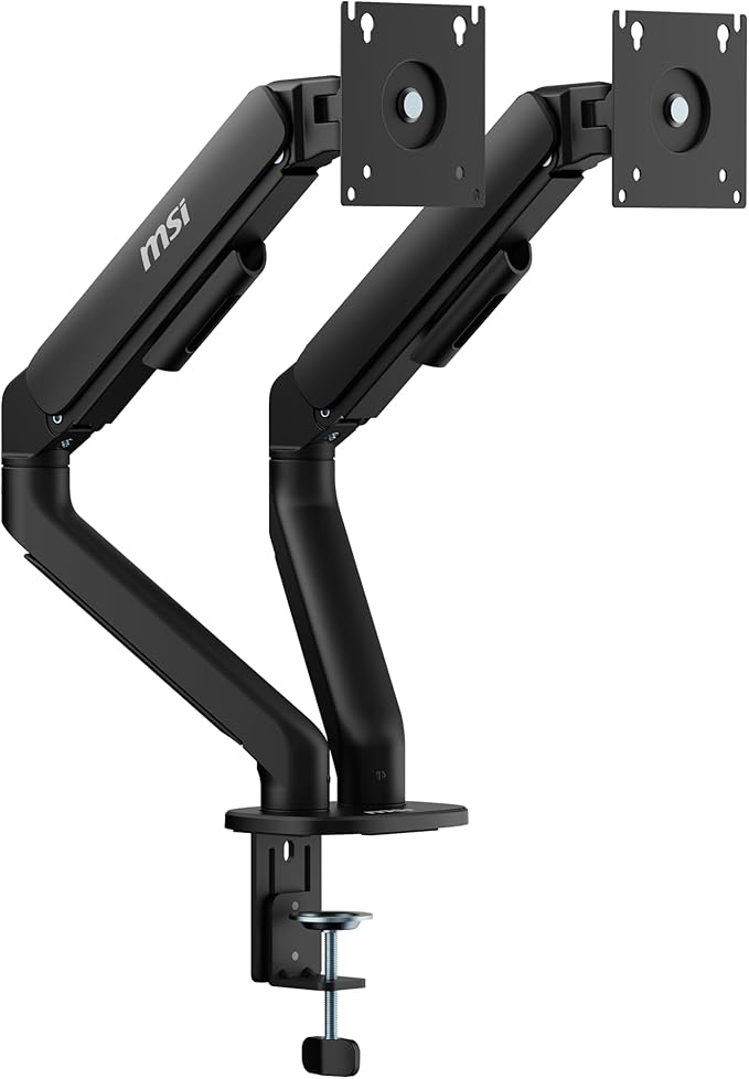 MSI MAG MT101DG - Gas Spring Dual Monitor Stand Arm, Supports 17-32" and 22 lbs, VESA Compatible, Adjustable Gas Spring Mount, Clamp & Grommet, Quick Release Plate – Black