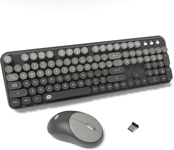 FOPETT Wireless Keyboard and Mouse Combo - Cute Colorful Mouse and Keyboard 2.4G Full-Sized with 104 Round Keys Retro Typewriter Keyboards for Laptop/Windows/PC - Grey Gradient