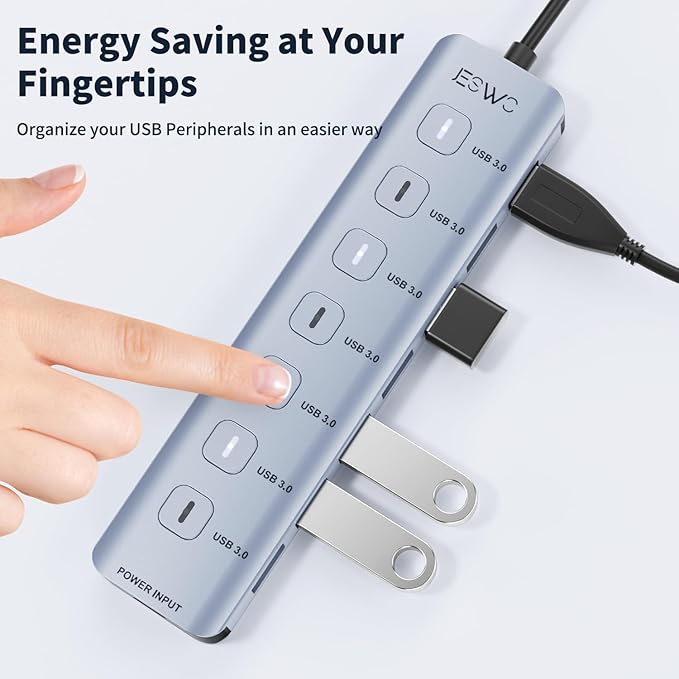 3.3Ft USB Hub 3.0, JESWO 7-Port Aluminum USB 3.0 Hub, USB Splitter with 5V 3A Type-C Port, Suitable for PC, Laptop, MacBook Pro, etc.