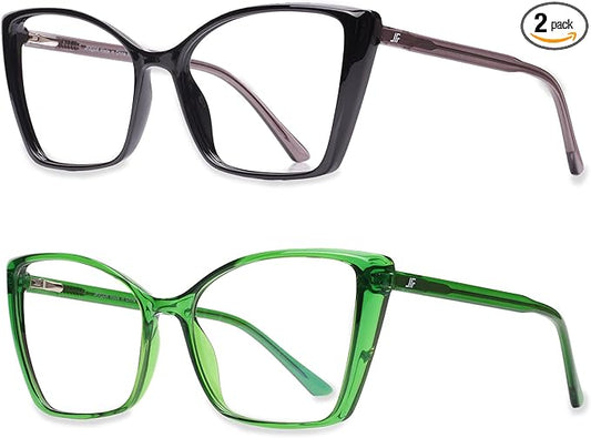 2 Pack Blue Light Blocking Glasses for Women, Oversized Trendy Cat Eye Computer Gaming Glasses Anti Glare & UV Glare RF6204 (Black + Basil Green Cateye Frame)