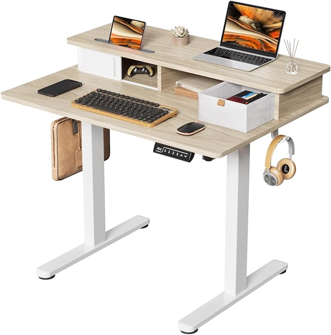 JOY worker Small Electric Standing Desk, 35" x 25" Height Adjustable Desk with Built-in Monitor Stand & Storage Drawer, White Sit Stand Desk with 2 Hooks for Home Office, Light Walnut