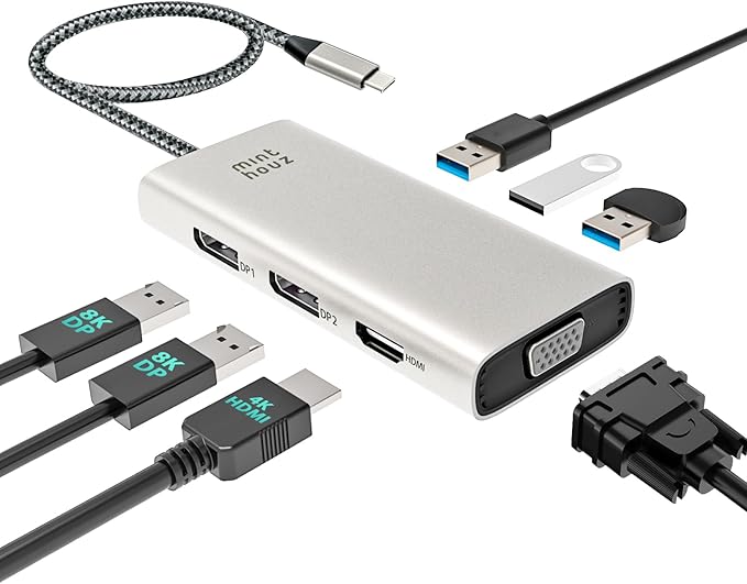 Minthouz 7-in-1 USB C Docking Station, Quad Display Hub Adapter with Dual 8K DP, 4K HDMI, VGA, 3 USB 2.0 Ports for MacBook Neo/Pro/Air, iPad Pro, iPhone 17 Pro/Pro Max, Dell HP Lenovo Windows Laptops