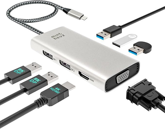 Minthouz 7-in-1 USB C Docking Station, Quad Display Hub Adapter with Dual 8K DP, 4K HDMI, VGA, 3 USB 2.0 Ports for MacBook Neo/Pro/Air, iPad Pro, iPhone 17 Pro/Pro Max, Dell HP Lenovo Windows Laptops