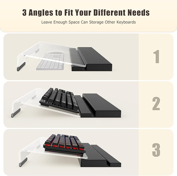 Acrylic Keyboard Stand with Ergonomic PU Leather Wrist Rest & Storage – Adjustable Tilted Riser for All Sized Keyboards, Office & Home Desk Organizer, Clear