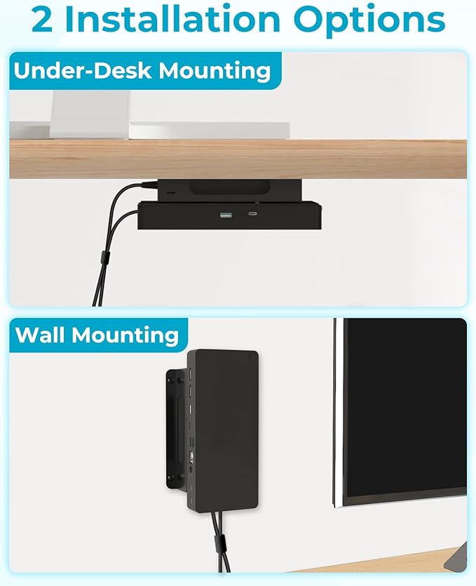 Metal Mount for Dell Docking Station Under Desk and Wall Mount for Dell UD22 WD19 WD19S WD22TB4 WD19TBS WD25 SD25 Series Dock & Power Adapter Mounting Bracket for Laptop Dock with Cable Ties