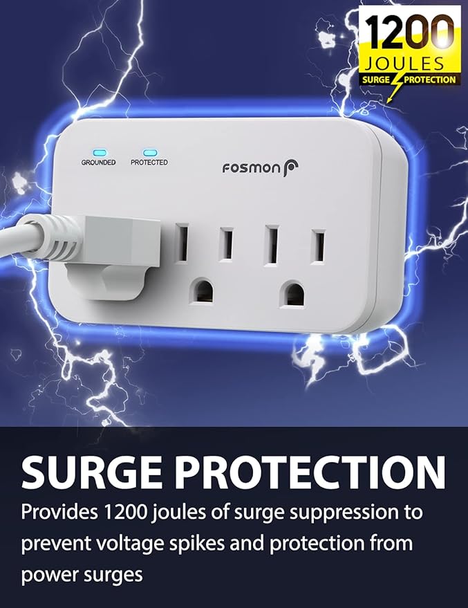 Fosmon Refrigerator Surge Protector, 3 Outlet Heavy Duty Appliance Surge Protector with High Joules for Fridge, Microwave, Washing Machine, Garage Door, 1200J, 1875 Watts, 3 Prong, ETL Listed