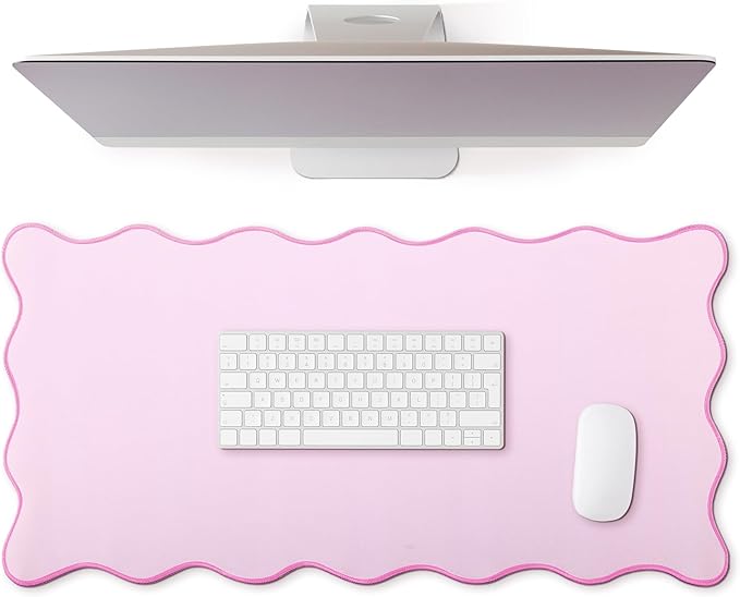 Scalloped Desk Mat Large Scalloped Piping Cute Desk Mat Aesthetic Preppy Table Pad Large Nonslip Pad with Edge Stitching Waterproof Gaming(Pink,23.62 x 13.78 Inches)