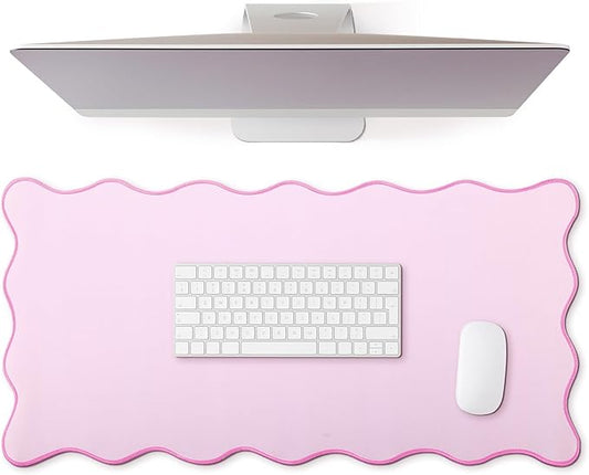 Scalloped Desk Mat Large Scalloped Piping Cute Desk Mat Aesthetic Preppy Table Pad Large Nonslip Pad with Edge Stitching Waterproof Gaming(Pink,23.62 x 13.78 Inches)