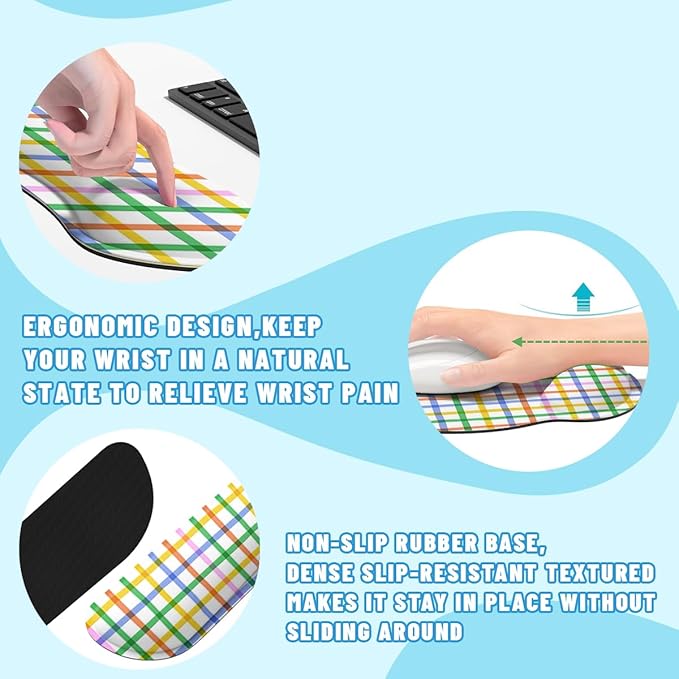 Plaid Mouse Pad Set Colorful Rainbow Checkered Seamless Gaming Mousepad 4in1 Desk Mat for Desktop Anti-Slip XXL Big Computer Ergonomic Mousepad with Wrist Support for Keyboard and Mouse