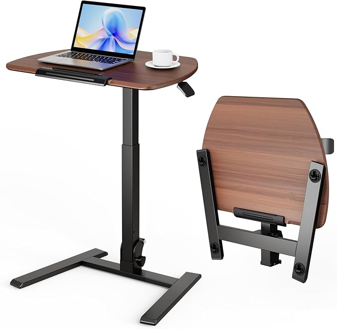 ROMOON Folding Portable Standing Desk with Wheels, No-Assembly Rolling Height-Adjustable Sit-Stand Table, Space-Saving Foldable Laptop Cart for Home Office and Computer Workstation (Walnut)