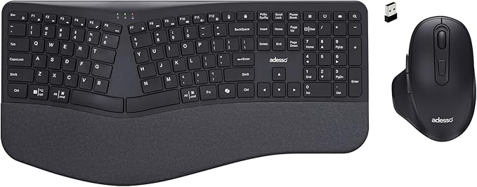 Adesso WKB-7500CB Wireless Ergonomic Keyboard and Mouse Combo with Copilot AI Hotkey Scissor Switch Keys Split Keyframe Design Adjustable DPI Optical Mouse for Windows Mac PC Laptop Black